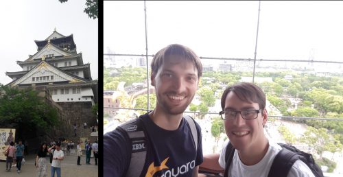 Photograph of Osaka castle tower / A photograph of Ondrej and Jadon at the top.